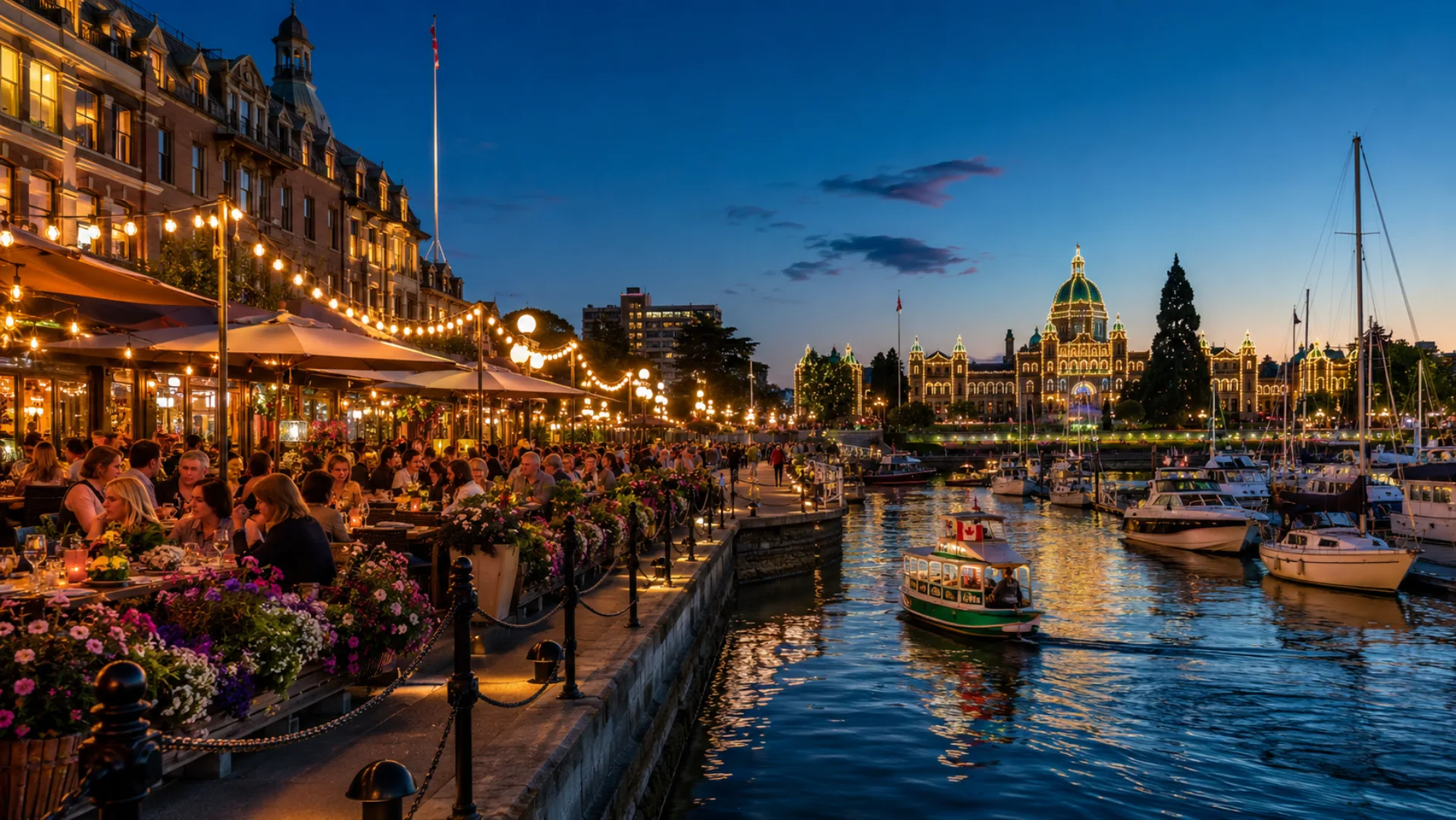 Waterfront restaurants and patios along Victoria's Inner Harbour at dusk